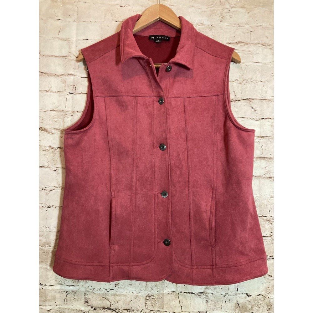 N Touch Vest Womens Small Lightweight Microsuede Button Front Dark Salmon Pocket